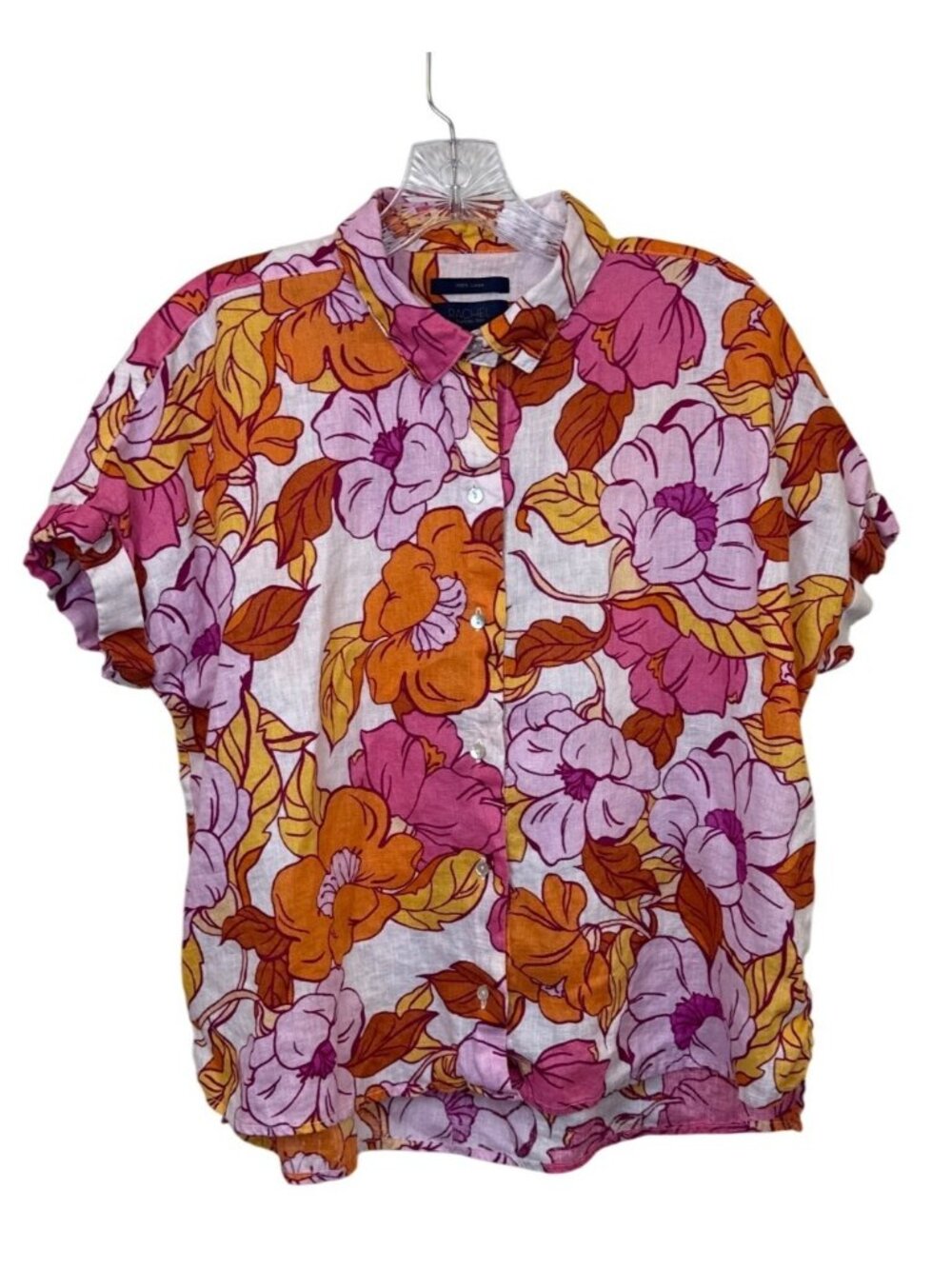 Rachel Roy Linen Floral Hawaiian Shirt Sz M Cropped Tropical Button Up Resort - Picture 2 of 8
